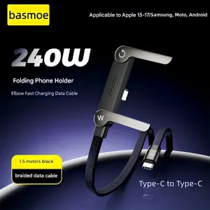 basemo 2-in-1 Invisible Holder Charger Cable with Phone Stand, 240W Super Fast Charging Cord, Perfect for Gaming, Office, Car and Travel, Compatible with iPhone, Samsung & Type-C Devices, Black