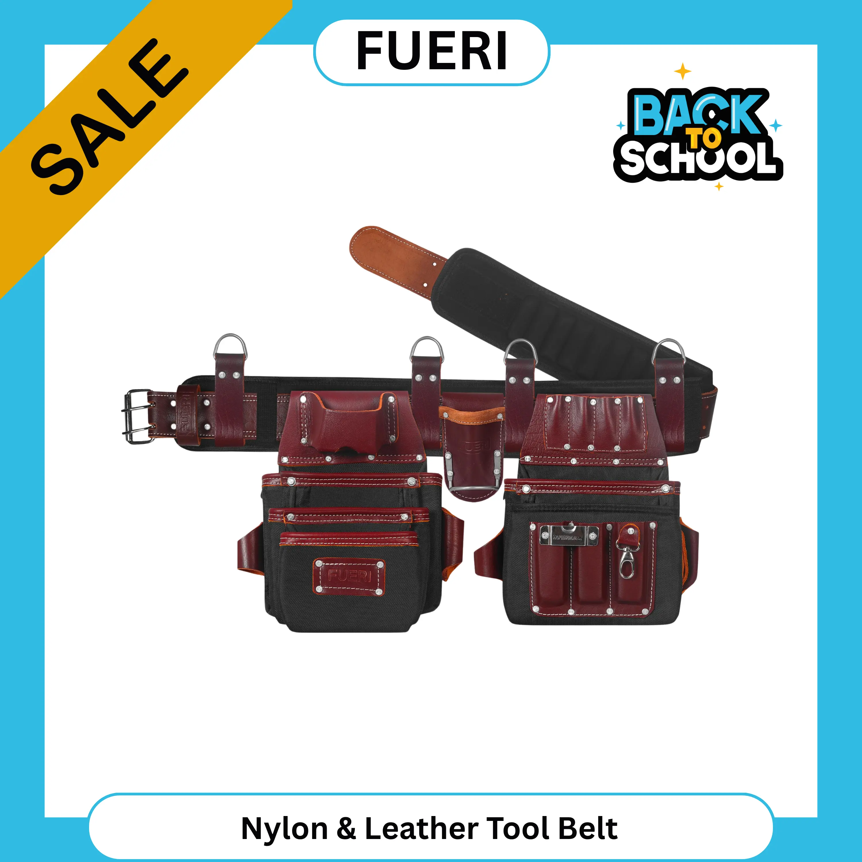 FUERI Tool Belt for Men, Heavy Duty Tool Bag Nylon and Leather 26 Pockets Maroon and Black comes with Comfort Padded Belt,Spacious Pouches,Hammer Holder and Suspender Loops for Carpenter Construction Electrician Tool Bag campingessentials