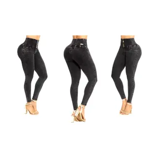 Premium Colombian jeans for women, in gray, without pockets, with a push-up effect that enhances the buttocks, a 5-button elastic waistband, and a slim fit with a sexy and elegant design that accentuates curves. Beautiful jeans, denim.