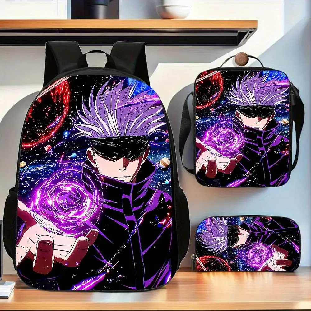 Anime Jujutsu Kaisen Gojo Satoru Print 3PCS Backpack Set, Cool Casual School Backpack with Insulated Lunch Box & Pencil Case, Lightweight Durable Daypack for Kids Teens, Ideal Gift for Anime Fans