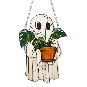 2-Piece Set of Adorable "Ghost Plant" Suncatchers — Ghost & Monstera Acrylic Hanging Ornaments. Perfect Halloween hanging decor, a charming ghost-themed gift designed especially for book lovers, and an ideal present for plant enthusiasts and moms.