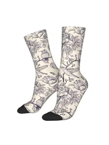 1 Pair Men'S Novelty Polyester Socks with Sketch Birds and Flowers Print, Knit Fabric, All Over Pattern, 95% Polyester 5% Ela
