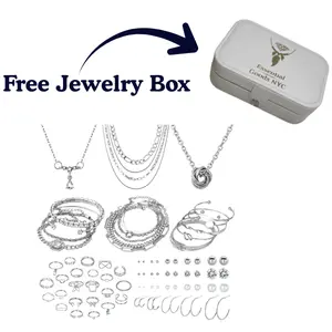 Affordable Jewelry Set With Free Jewelry Box- 41 PCS Silver Plated Necklace Bracelet Ear Cuffs Knuckle Rings for Women Girls Valentine, Anniversary Birthday Friendship Gift