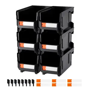 Plastic Stackable Storage Bins - 14.8 x 8.5 x 7.1 Inches - Set Of 6 Containers For Organization In Closet, Garage, Office Supplies, Small Parts, Tools, And Craft Accessories, Durable Black