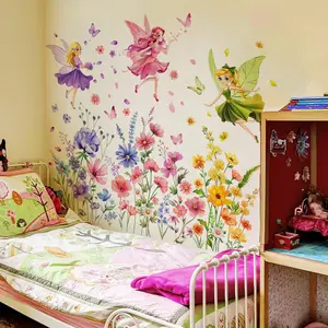 Fairy Pattern Wall Sticker, 4 Counts/set Colorful Flower & Butterfly Pattern Wall Decal, Wall Art Decorative Sticker for Home Bedroom Living Room, Ornaments