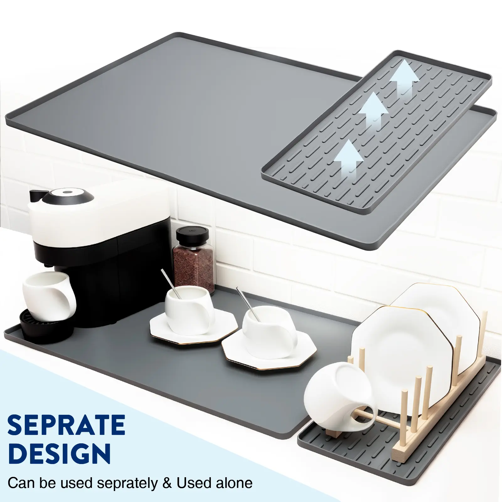 SCYFREID 2-Piece Set Rectangle Anti-Slip Border Placemats & Coasters - 24in x 16in Waterproof Ribbed Bendable Silicone Mat, Raised Edges, Shock-Reducing, Detachable Durable Coffee Making Kitchen Accessory, Dish-Safe