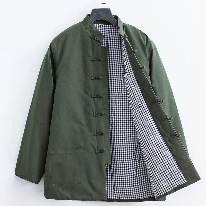 Men's Tang Suit Jacket with Standing Collar, Solid Cotton Blend Winter Outerwear, Thick Loose Fit Long Sleeve Menswear with Pocket Decoration, Jackets, Outdoor, Polyester, V-Neck, Knitting, Daily, Coats, Plain, Pockets, Regular Length, Single Breasted, Ou