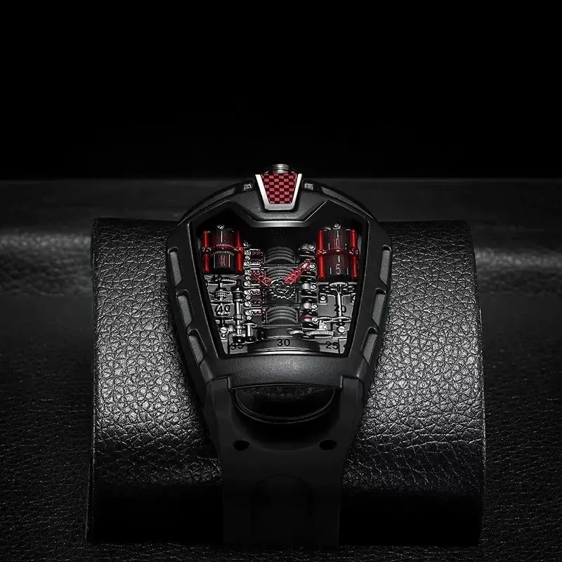 Automotive-Inspired Skeleton Watch – Black & Red Engine-Style Steampunk Design, Silicone Strap