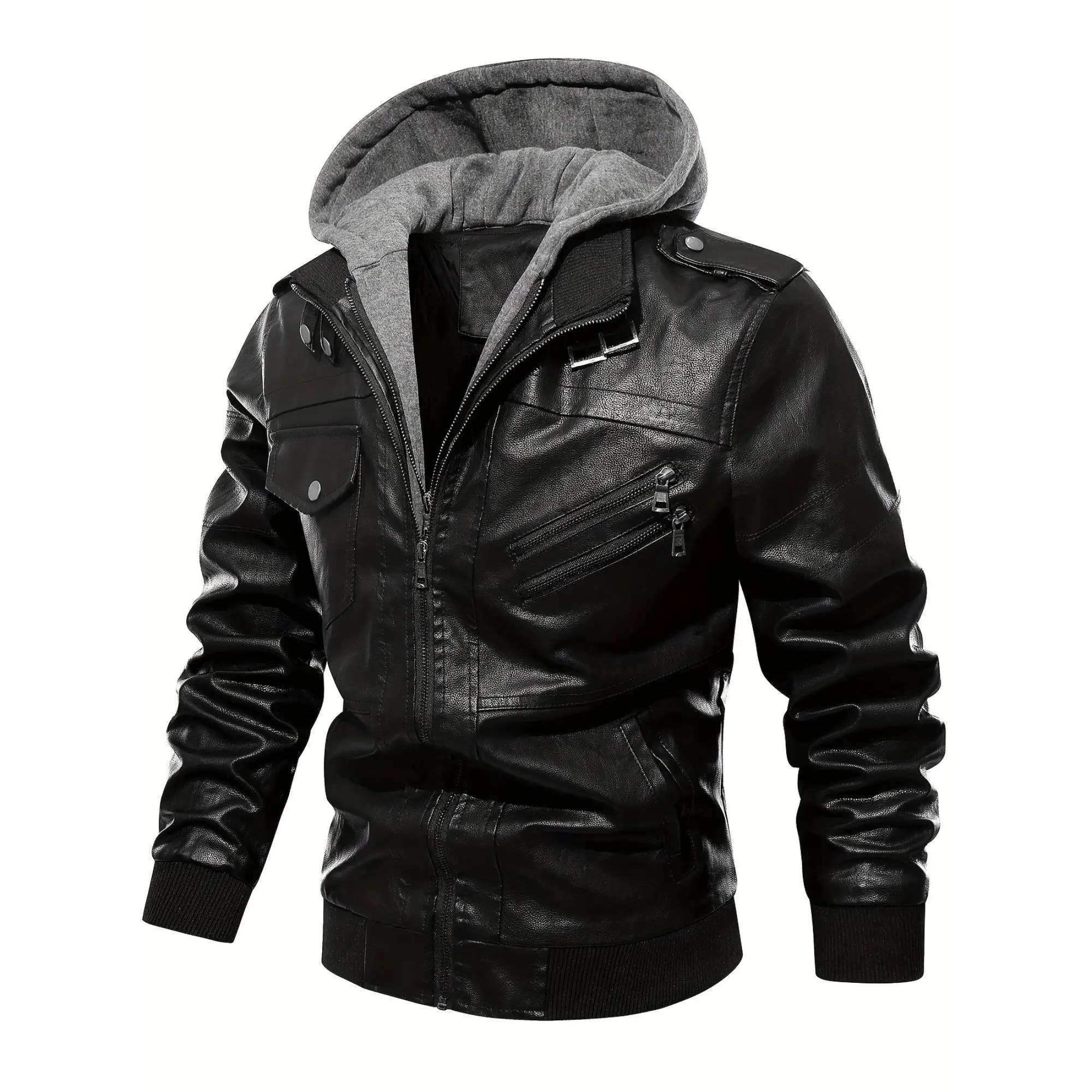 Men's PU Leather Jacket with Woven Fabric Hood, Casual Plain Zip-Up Outerwear for Fall & Winter, Zipper, No