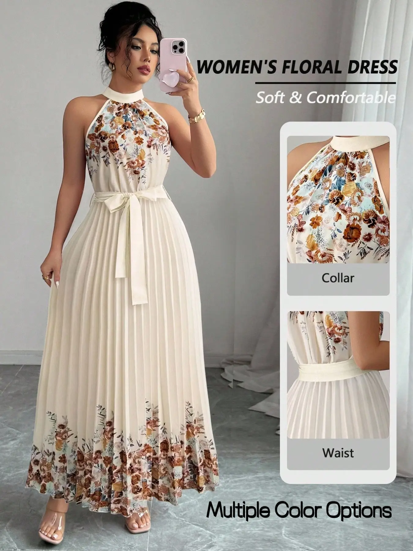 Women's Summer Halter Chic Floral Print Long Dress, A-Line Sleeveless with Waist Tie, Perfect for Daily Casual and Vacation Wear