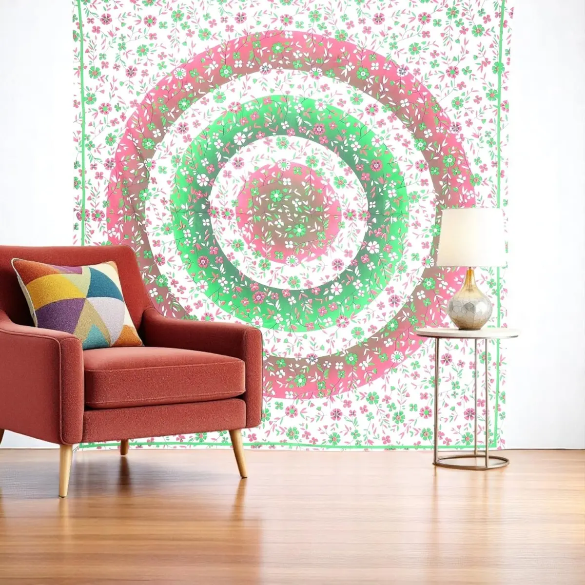 360 stand Handcrafted Bohemian Rectangle Flower Print Cotton Hanging Tapestry, 88x84 in, Green-Red-White Decorative Wall Tapestry, Home Decor for Room Table Accent, Floral, Bedroom, Room Art, Patterned, Vertical, Indoors