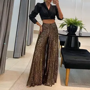 Women’s high-waisted allover sequin wide-leg flared party pants — sparkle disco flare vintage trousers, glamorous gift
