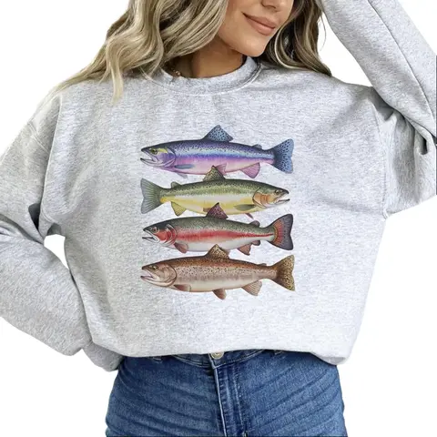 Women's Boho Abstract Trout Graphic Sweatshirt - Aesthetic, Colorful, Soft Cotton Blend Unisex Pullover Tops for Outdoor Fly Fishing, Everyday Style Fit Hoodie