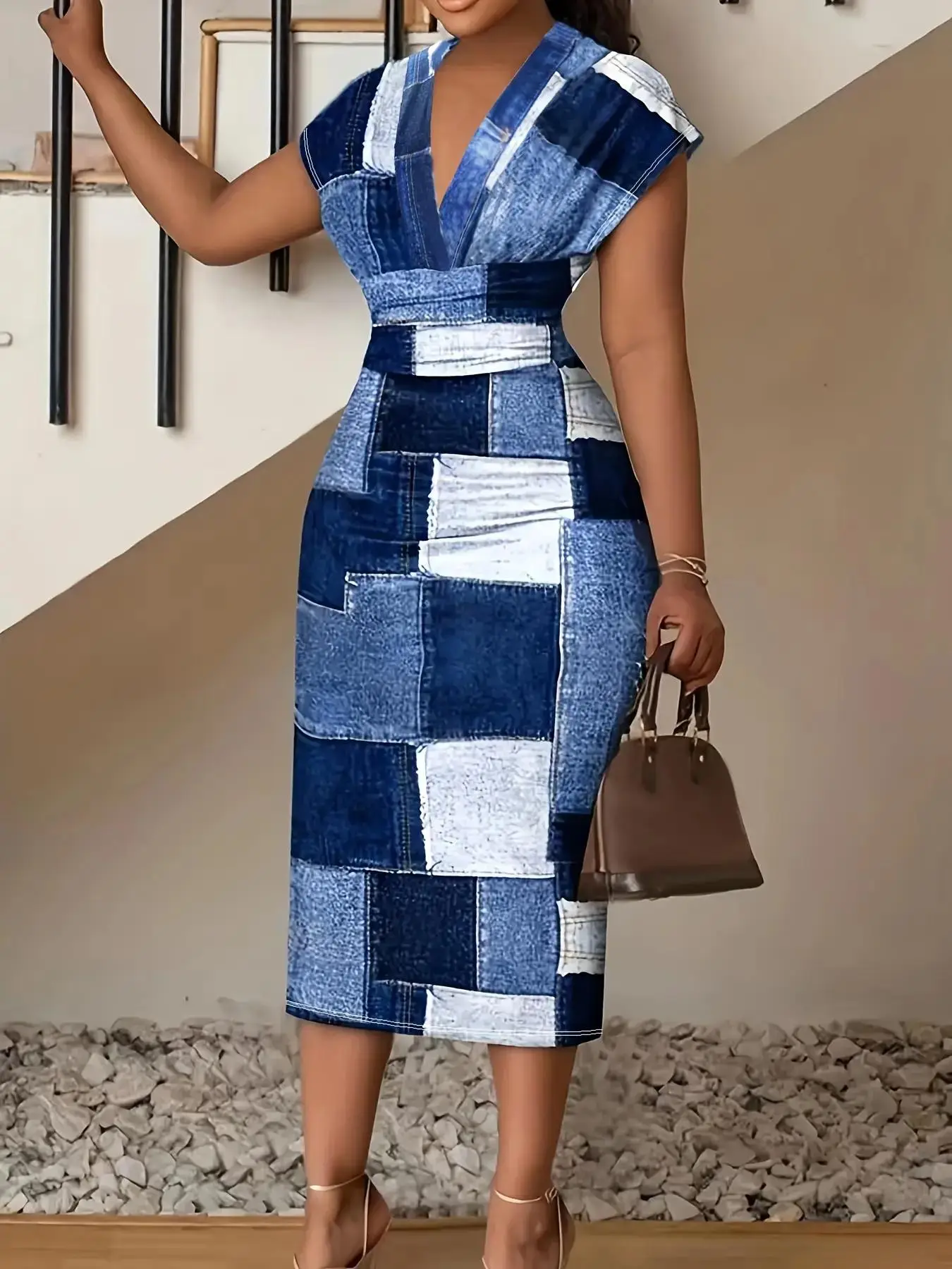 Plus Size Denim-Effect Print Wrap V Neck Bodycon Dress, Casual Batwing Sleeve High Waist Midi Dress for Women, Women Plus Clothing for All Seasons