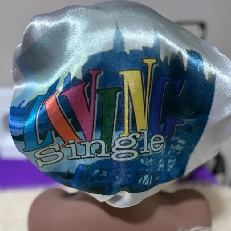 Sitcom living single sliver and black drawstring satin Hair bonnet.