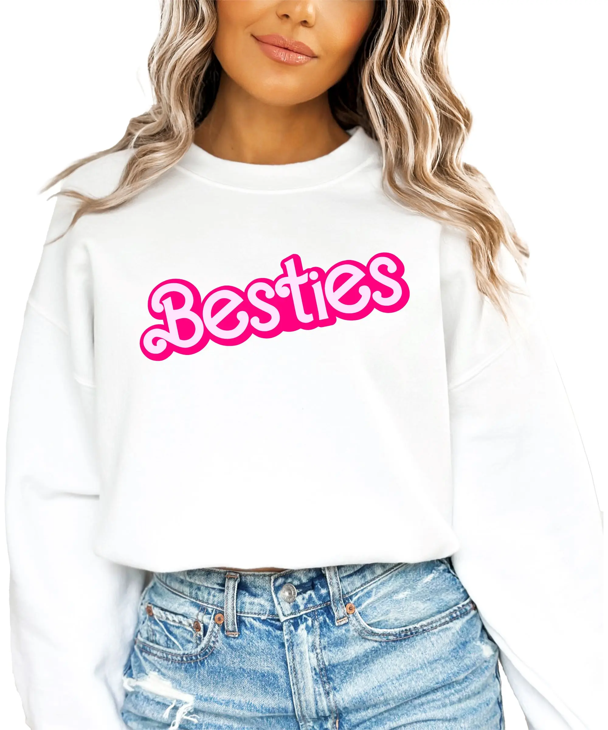 Besties Sweatshirt for Women and Teens - Best Friends Pink Girly Font Pullover - White Sweater for Matching BFF