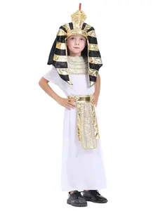 Kids Boys Egyptian Pharaoh Costume Set: Nemes Headdress, Sequined Collar, Metallic Belt With Apron & White Gown For Halloween, Costume Party, Multicultural Day & Stage Play