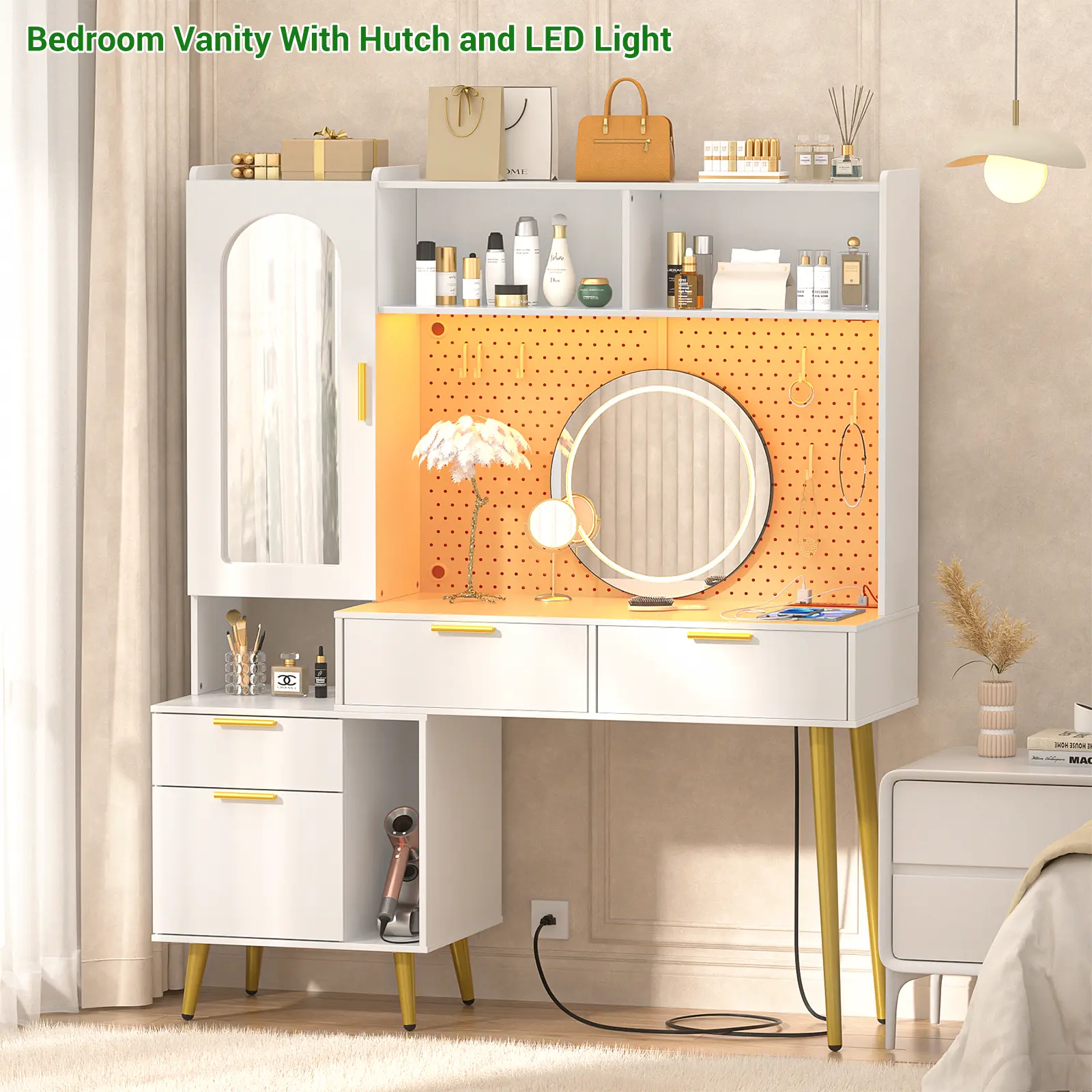 White Vanity Table - 48'' Makeup Vanity with Hutch, Bedroom Vanity with Charging Station and LED, Tall Vanity Table with Pegboard, Mirror, 5 Big Drawers & Shelves, Cabinet, Bedroom Dressing Tables