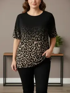 Women's Plus Size Casual Leopard Print T-Shirt, Top, Polyester Blend Round Neck, Medium Stretch Knit Fabric, Fashionable Comfort Fit for All Seasons
