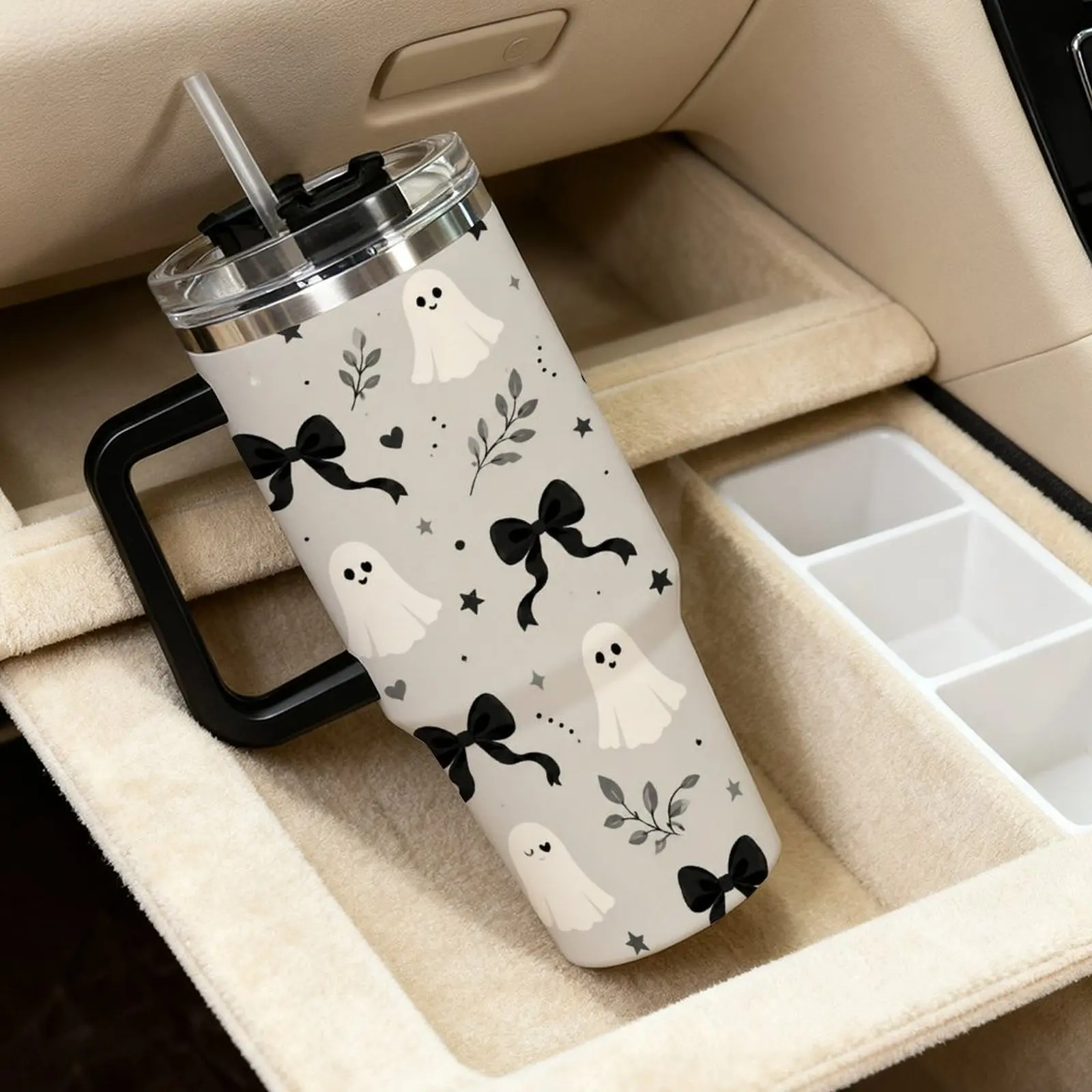 40oz Halloween Ghost & Black Cat Tumbler with Handle & Straw Lid – Stainless Steel Vacuum Insulated Travel Mug, Cute Cartoon All-Over Print Leakproof Coffee Cup, Reusable Hot & Cold Drink Tumbler for Women, Car & Gift