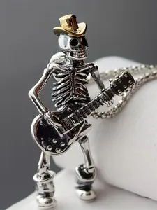 1pc New Unique Fashion Design Skull Pendant Playing Guitar Men Fashion Hip Hop Rock Party Necklace Halloween Jewelry Playing Guitar