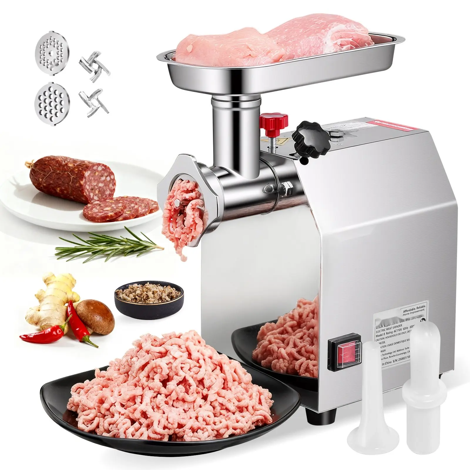Commercial Electric Meat Grinder for High-Volume Processing, 5 Lbs Per Minute Capacity, #8 Meat Mincer with Two Stainless Steel Blades and Two Grinding Plates, 600W Heavy-Duty Sausage Maker Stuffer for Kitchen and Restaurant