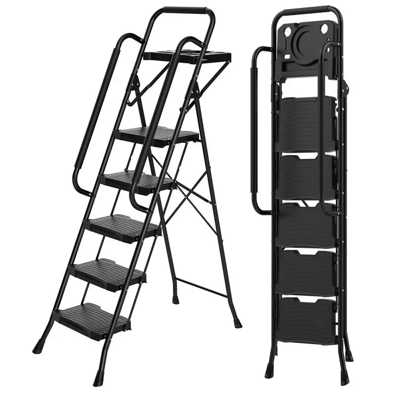 Step Ladder, 800lbs Heavy Duty Folding Step Stool with Industrial Steel Frame, Extra-Wide Anti-Slip Pedals & Comfort Handrails, 63" 5-Step Portable Ladder for Home and Professional Use