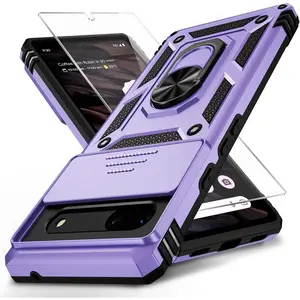 for Google Pixel 6A Case with Camera Lens Cover HD Screen Protector, 10 FT Military Grade Drop Protection, Magnetic Ring Holder Kickstand Protective Phone Case,Lavender