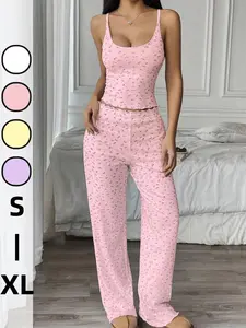 Summer New Vacation Style Long Pants + Sleeveless Vest Set, Homewear Suit, Women's Sleepwear Set, Ditsy Floral Pattern, Slim-Fitting, Pajama Set, Loungewear