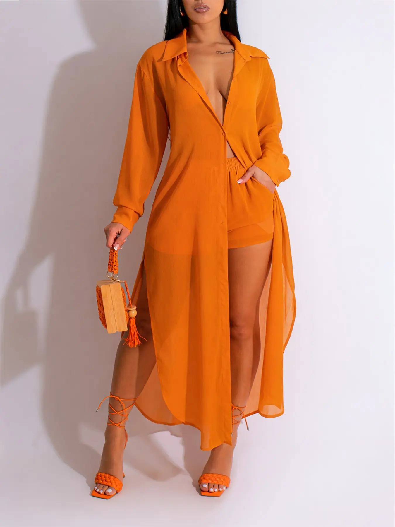 Women's Two-Piece Beach Set, Long-Sleeve Cardigan Shirt and High-Waisted Shorts, Loose Lightweight Breathable Vacation Outfit Style