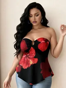 HANNA x Elenzga Plus Size Women Elegant Knitted Bustier Top With Decorative Buttons, Random Floral Digital Print, Black
