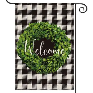 Farmhouse decor Garden flag, Buffalo Plaid Checker Hexagram Boxwood Wreath Welcome Garden Flag