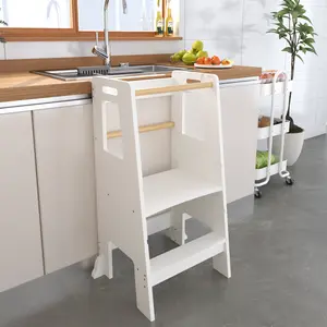 White MDF & Pine Wood 2-Step Kids Step Stool 150LBS Weight Capacity Removable Front Bar Side Handle Design Stable Toddler Helper Stool for Reading Playing Height Reaching