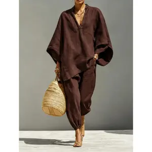 Women's Summer Loose Fit Solid Linen Deep V Neck Batwing Sleeve Pants Set, Casual Long Length, Comfortable Daily Wear, Multiple Colors Available