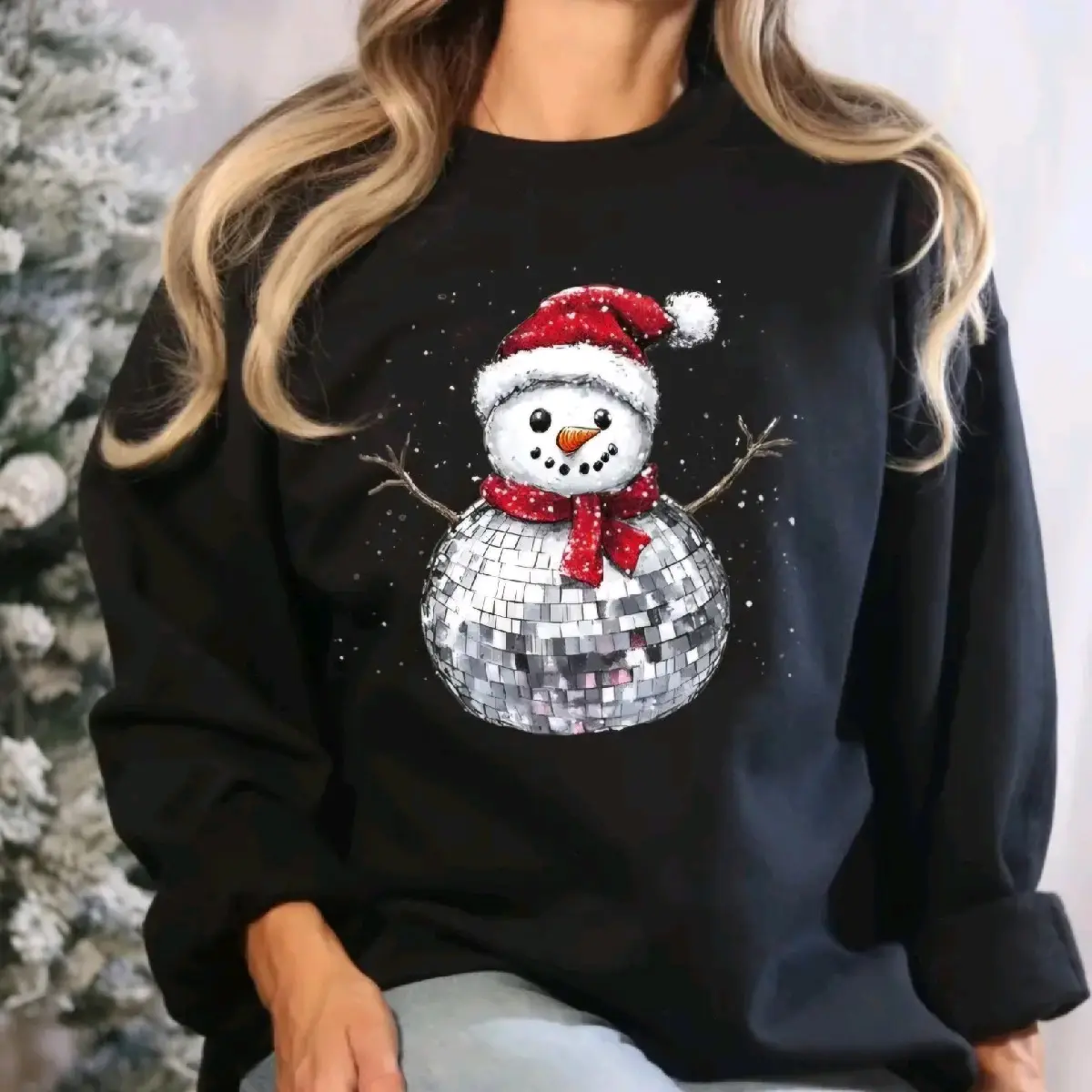 Women's Real Glitter Disco Ball Snowman Crewneck Sweatshirt or Hoodie - Tops, Womenswear