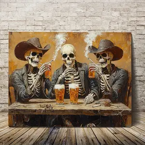 1 PC 2D - Wrapped frame - Decorative painting - Skeletons drinking beer smoking - Poster - High-quality canvas print - Decorative painting art supplies - Modern aesthetics - Home decor clearance - Living room, bedroom