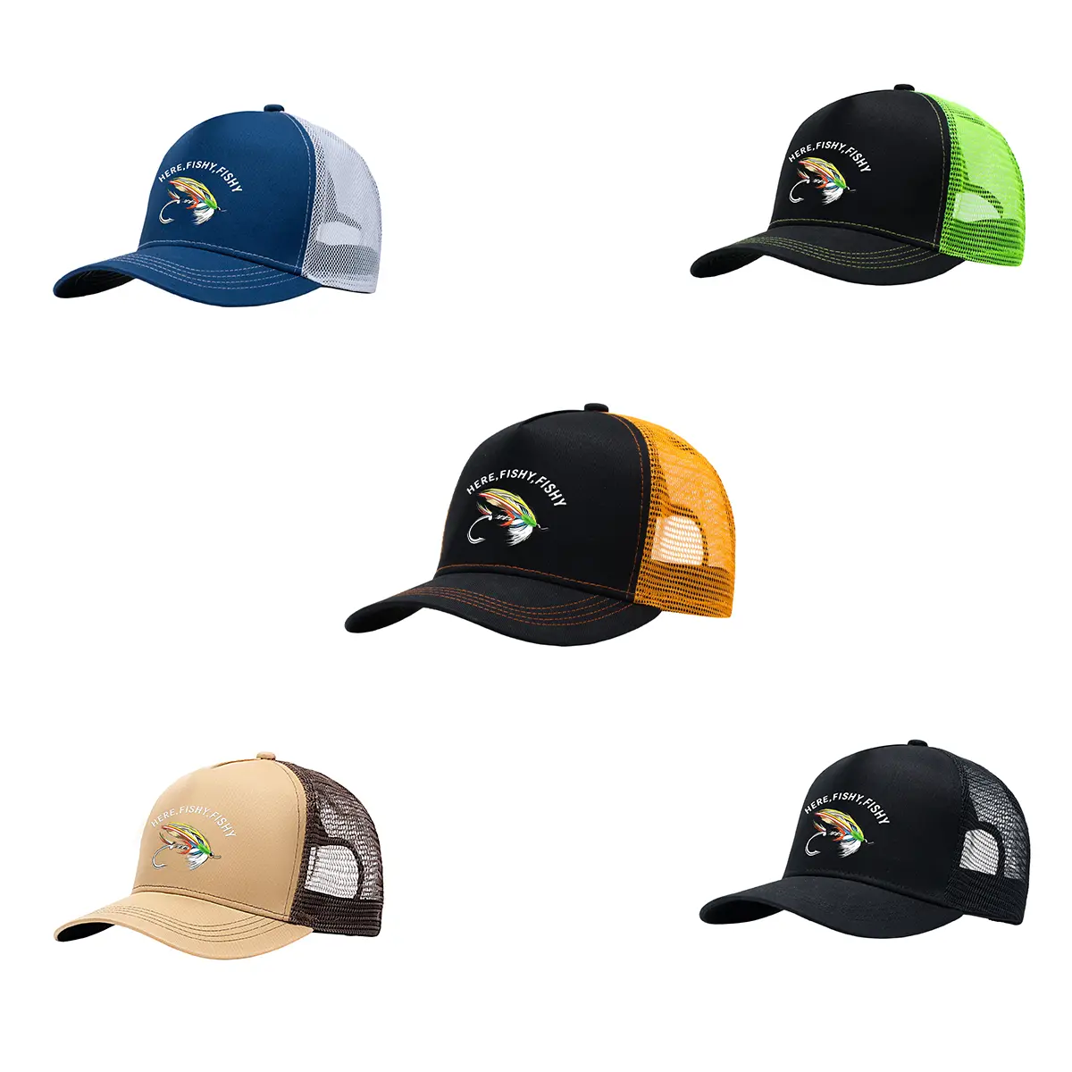 mens hats Fly Fishing Graphic Trucker Hat for Men, Blue White Mesh Back Cap, Adjustable Snapback Outdoor Fishing Hat