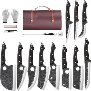 TAN REN Kitchen Knife Set, 17pcs Chef Knife Set with Bag, Forged Viking Knife Set, High Carbon Steel BBQ Knife Set, Serbian Chef knife Set for Meat Processing, Father's Day Gifts for Dad