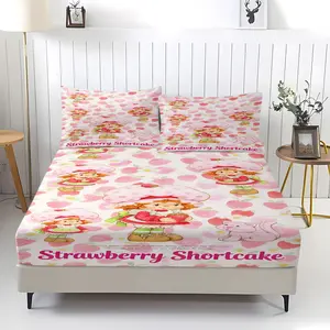 Strawberry Shortcake Theme Fitted Sheet,Strawberry Printed Non Fading,Breathable and Durable,Including 1 Bed Sheet and 2 Pillowcases,Non Slip Dust Cover Suitable for Bedroom and Guest Room Bedding,Suitable for Personal Use or Gift Giving,Bed Sheets Set