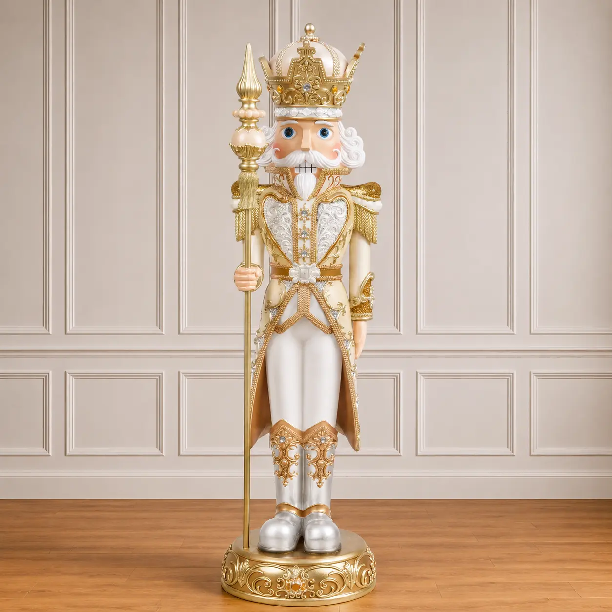 5 FT Gray, Gold & White King Nutcracker With Staff