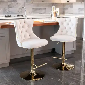 Golden Swivel Velvet Bar Stools – Adjustable Height (25"-33"), Modern Tufted Upholstered Counter Stools with Backs, Comfortable for Kitchen Island & Home Pub, Beige, Set of 2​