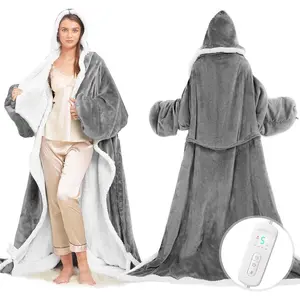Wearable heated blanket with foot pocket, electric throw blanket with sleeves and hood, portable, 8 heat settings, auto shut-off after 1–10 hours, gift for family and friends, 50×70 inches