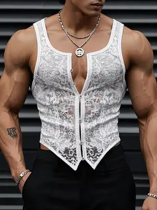INCERUN  Men's Fashion Sexy Vneck Tank Top, Sleeveless Lace Button Design Vest, Casual Daily Wear
