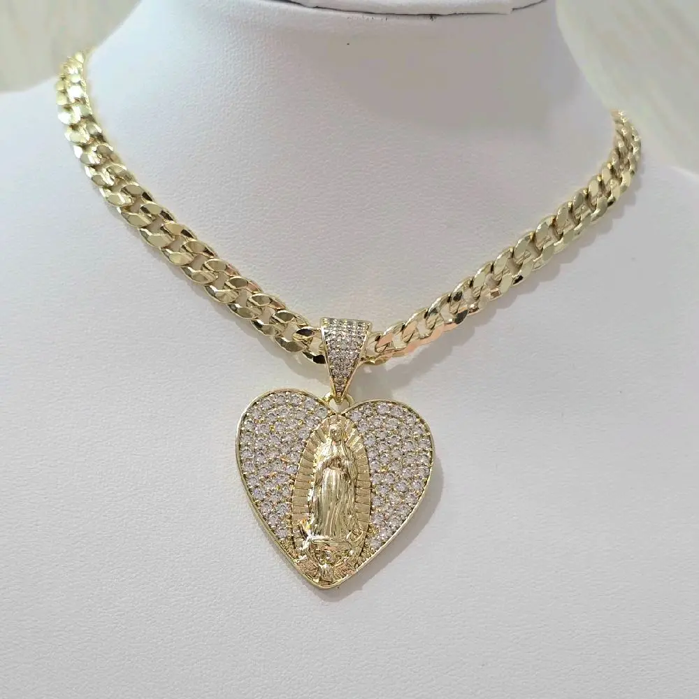 Cadena cubana Corazon Con Virgen Guadalupe  5mmx18inches. Laminado de alta calidad