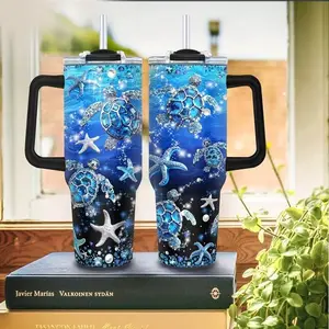 Sea Turtle Ocean 40oz Tumbler With Handle and Straw, Blue Marine Stainless Steel Travel Cup, Beach Aesthetic Drinkware Gift