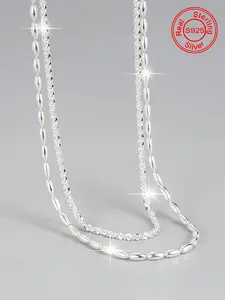 S925 Sterling Silver Double Layer Chain Daily Wear Necklace, Layered Necklaces, Multilayer Necklace, Fashionable Choker Necklace for Women & Girls, Trendy All-match & Exquisite Jewelry for Birthday Gift