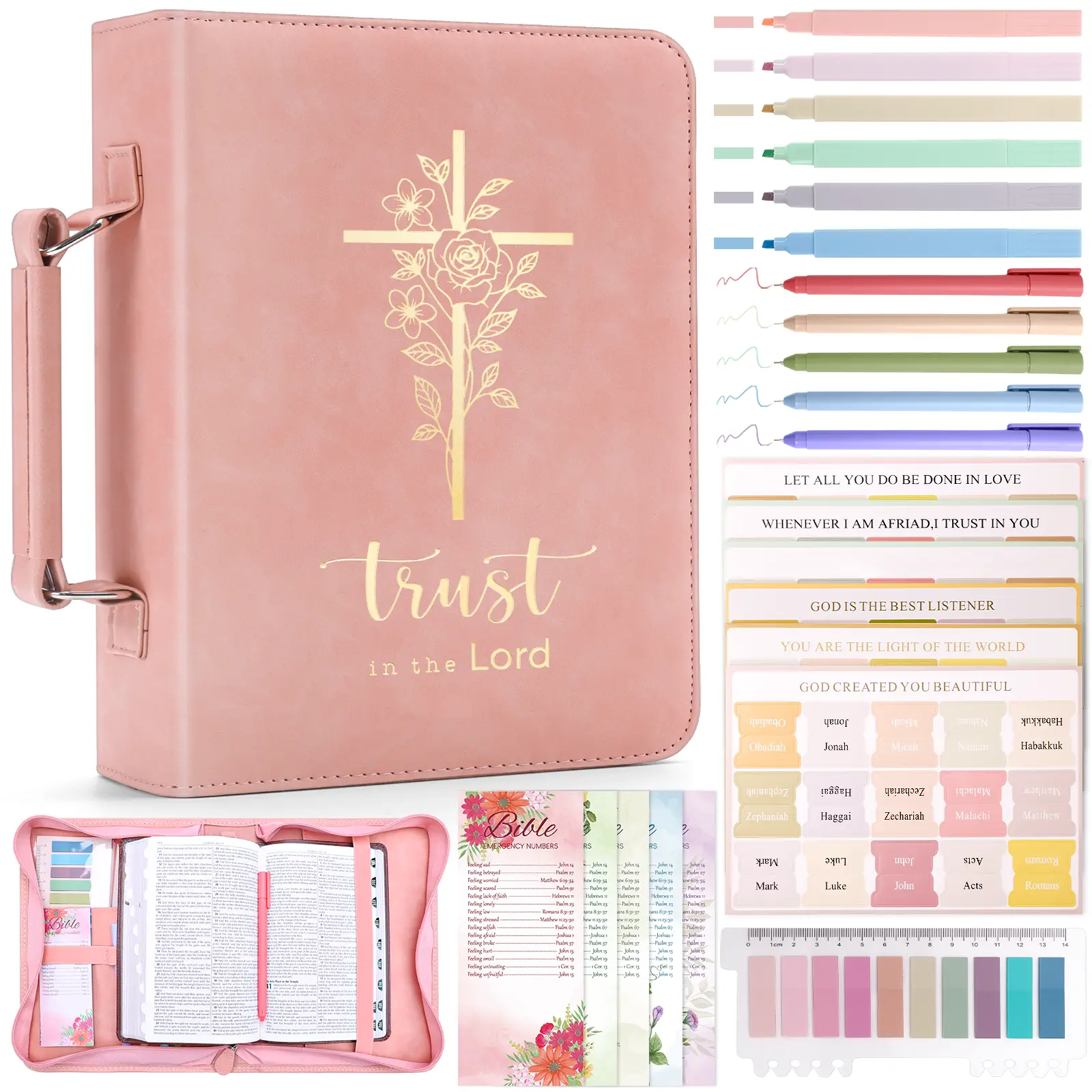 XKDOUS Waterproof Leather Bible Cover Case (10.2x7.5"), 24PCS Bible Study Essentials with Marker Set, Tablet-Fit Christian Book Protector Bag to Organize for Women/Men