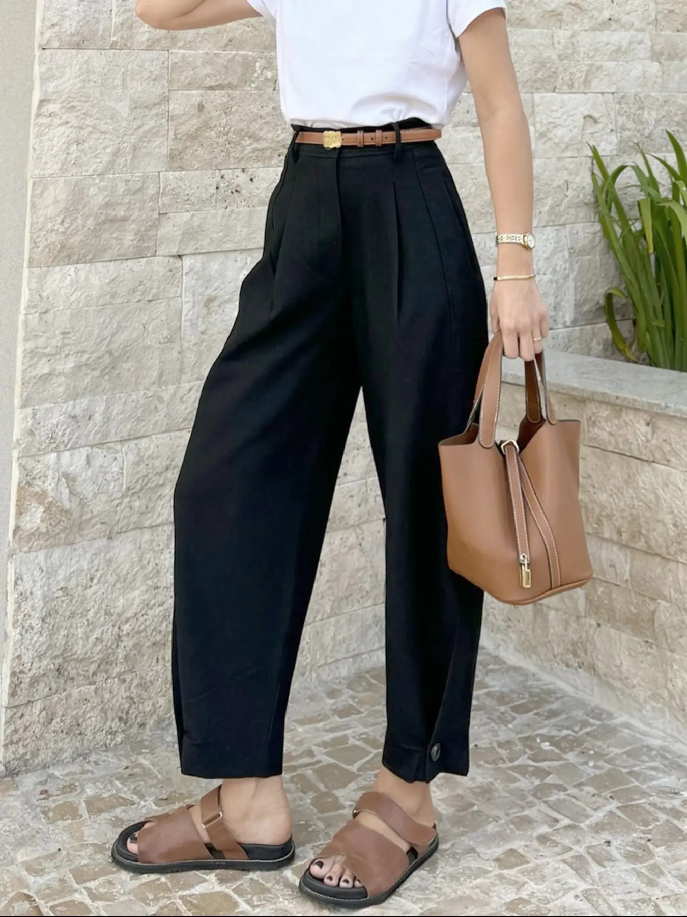 High Waisted Black Pleated Fitted Solid Basic Pants for Women Loose Tapered Trousers Button Hem Casual Chic Streetwear Workwear Style Elegant Minimalist Office Pants Classy Casual Trousers