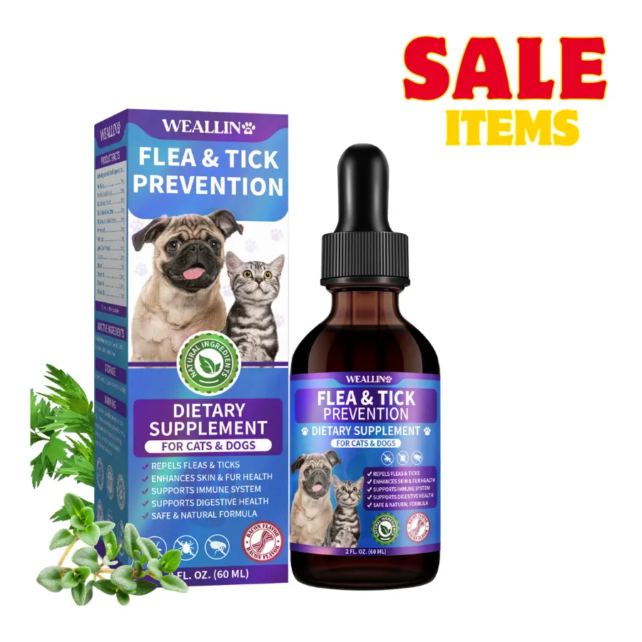 【SALE】WEALLIN Natural Flea & Tick Support Oral Drops for Cats & Dogs with Probiotics, Wormwood, Black Walnut, Pumpkin Seeds, Oregano & Multivitamins - Bacon Flavor, Suitable for All Breeds & Ages