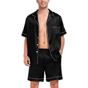 Men Satin Silk Pajamas Sets Short Sleeve Sleepwear Button-Down PJs Sets Two-Pieces Loungewear with Pockets